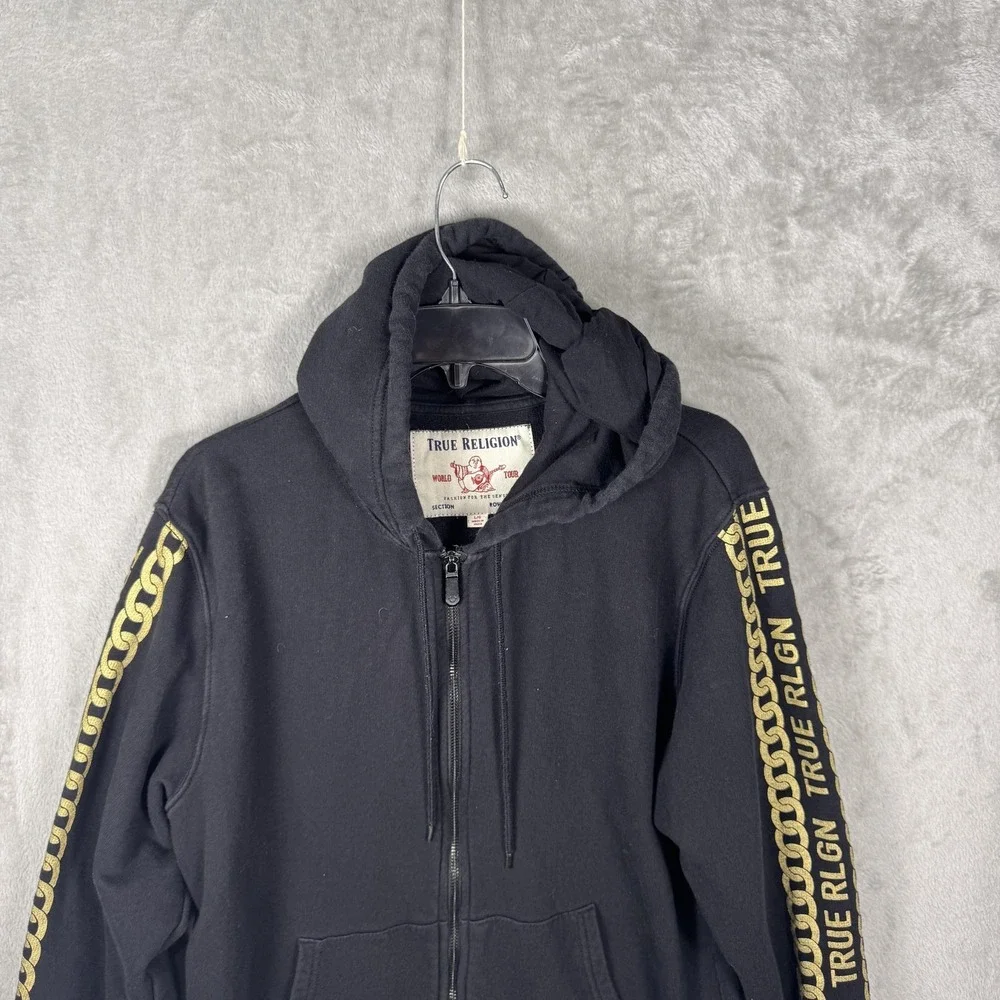 True Religion Hoodie Mens Large Black Full Zip Sweatshirt Gold Chain Sleeve‎